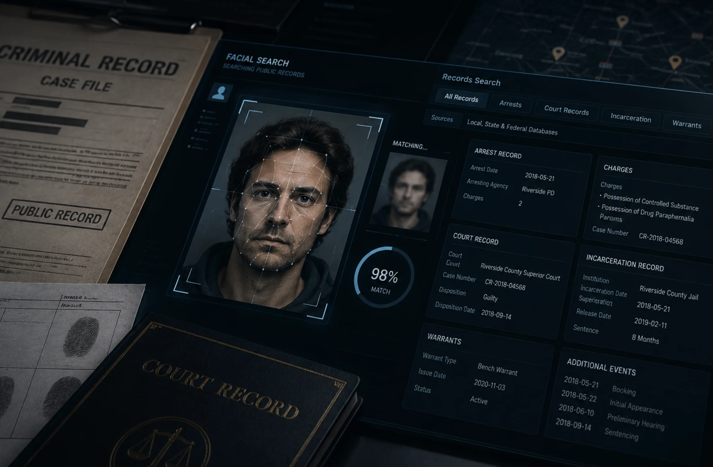 Criminal records dashboard with a face match